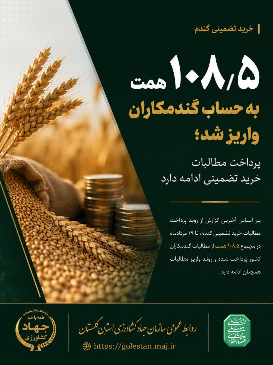 ۱۰۸.۵ همت به حساب گندمکاران واریز شد؛ پرداخت مطالبات خرید تضمینی ادامه دارد