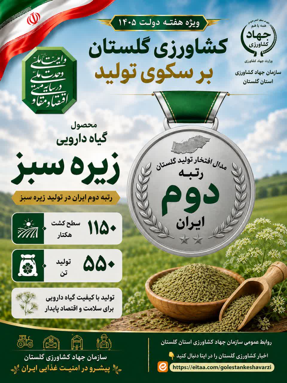 زیره سبز رتبه دوم تولید در ایران، کشاورزی گلستان بر سکوی تولید 